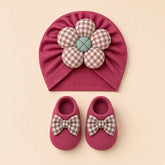 Gingham Flower Baby Turban and Booties Set