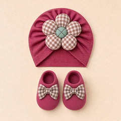 Gingham Flower Baby Turban and Booties Set