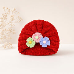 Baby Knitted Turban Cap with Flower Detail | 0-3 Months Soft Cotton Beanie