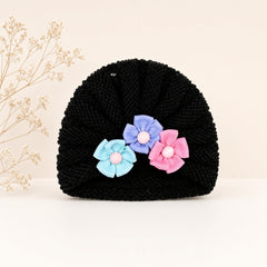 Baby Knitted Turban Cap with Flower Detail | 0-3 Months Soft Cotton Beanie