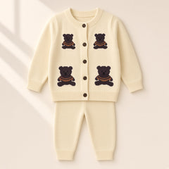 Baby Teddy Bear Knit Cardigan & Pants Set – Cream