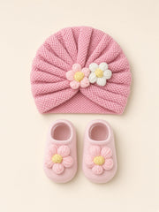 Flower Knit Baby Turban & Booties Set