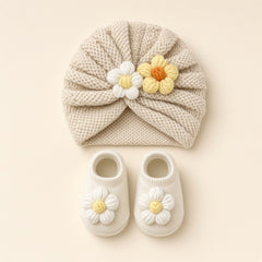 Flower Knit Baby Turban & Booties Set