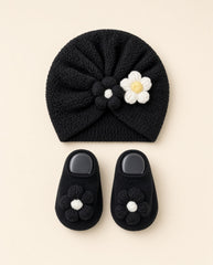 Flower Knit Baby Turban & Booties Set