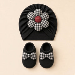 Gingham Flower Baby Turban and Booties Set