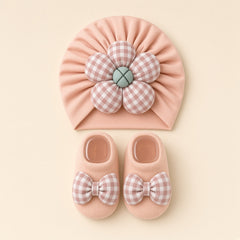 Gingham Flower Baby Turban and Booties Set