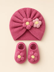 Flower Knit Baby Turban & Booties Set