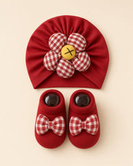 Gingham Flower Baby Turban and Booties Set