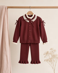 Burgundy Lace-Collar Knit Set